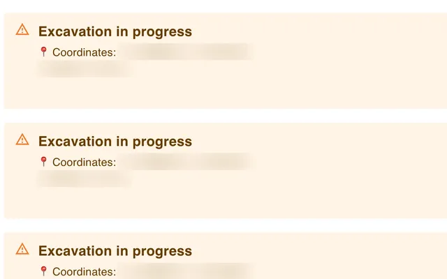 Prototype notifications listing excavation in progress, with coordinates blurred.