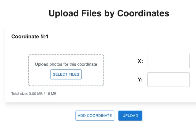 Prototype screen for uploading photos at a plan coordinate, with X and Y fields.